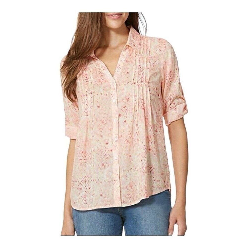 Gloria Vanderbilt Womens Button Down Top‎ Diamond Print Pleated Front Size Large